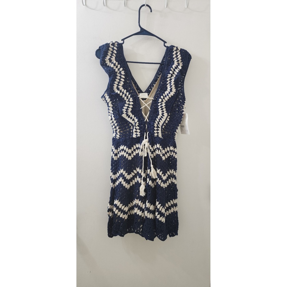 Anna Kosturova Handmade Crochet Mini Dress Navy Cream Chevron Lace Up XS NEW